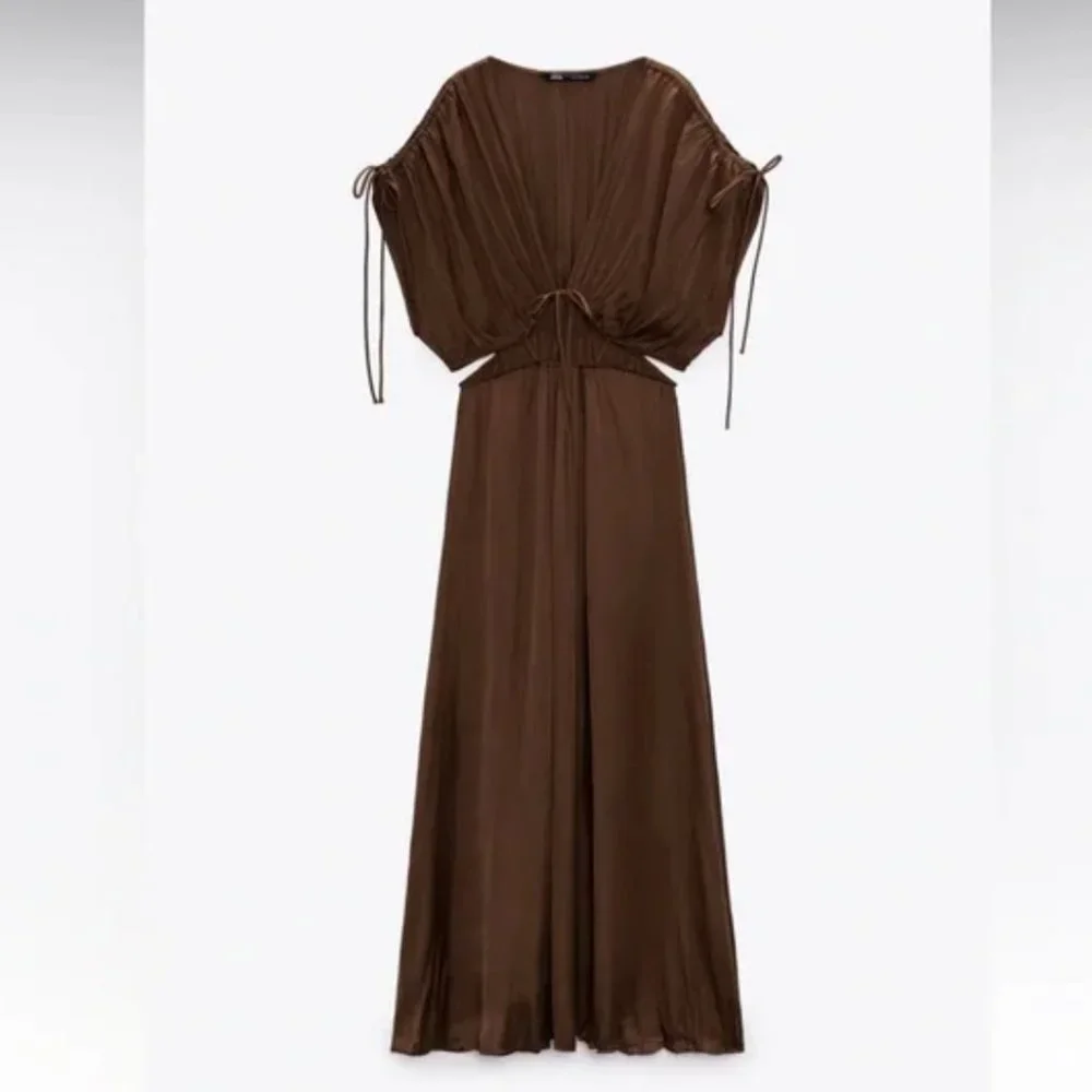 ZARA Brown Satin Effect Cut Out Drawstring Midi Dress